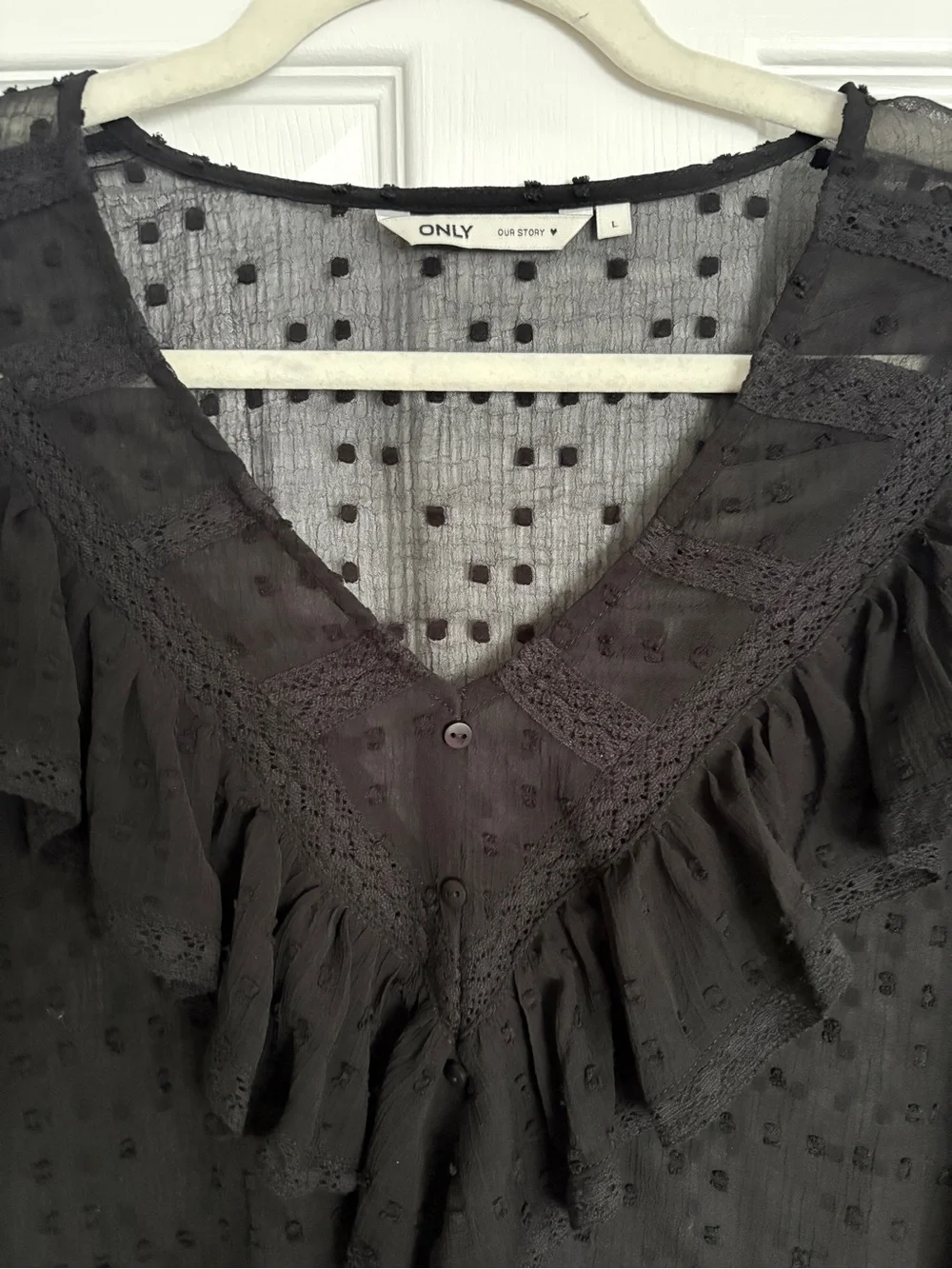 Only Black Ruffled V-Neck Swiss Dot Blouse with Lace Trim - Picture 2 of 4